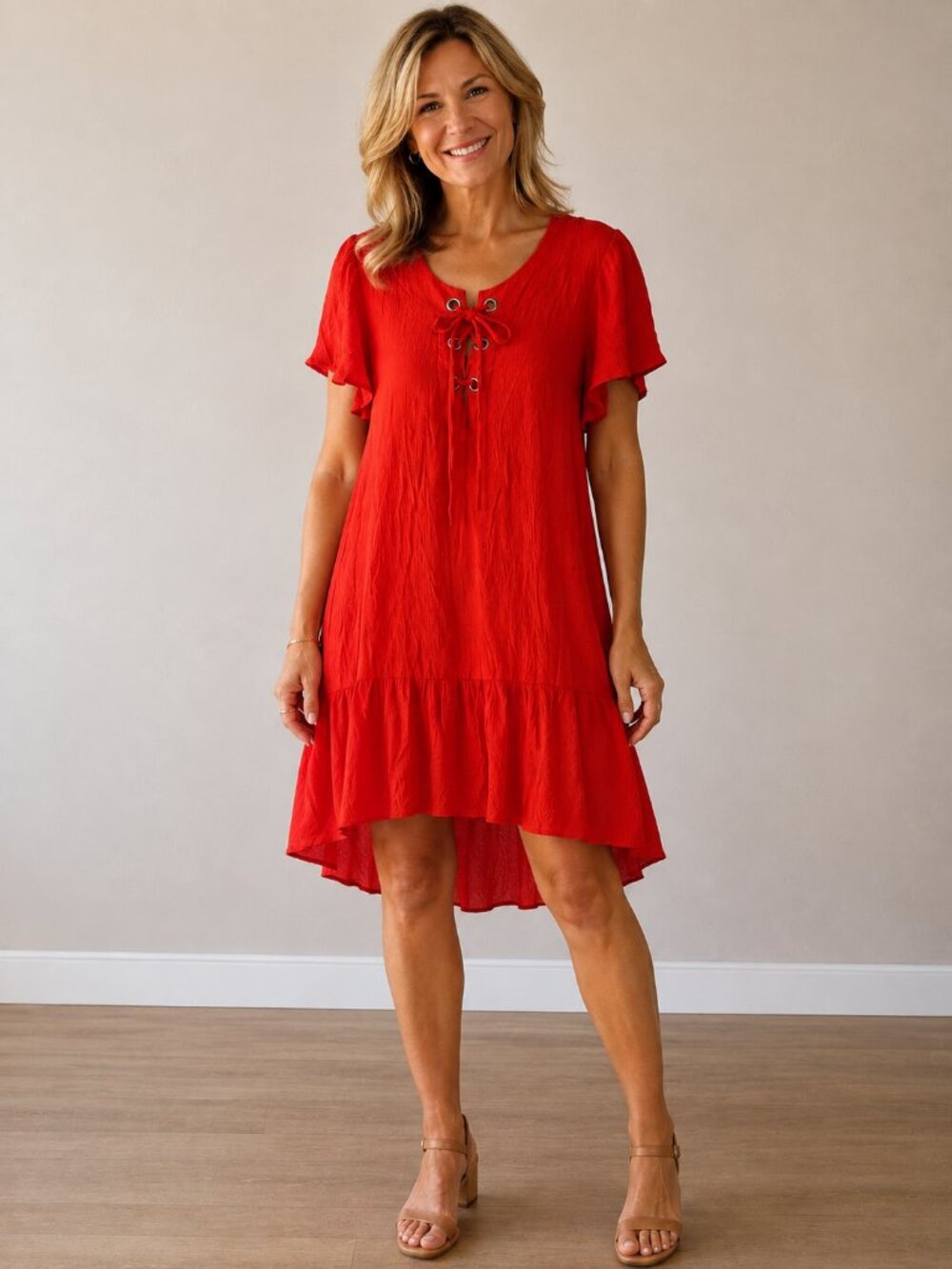 Indigo Rose L Orange/Red High Low Lace Up Flutter Sleeve Dress